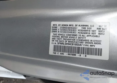 2012 Honda Odyssey Touring/Touring Elite from USA, damaged, VIN 5FNRL5H94CB105547